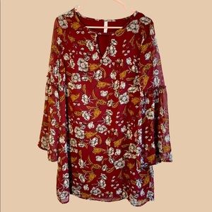 Xhilaration Floral Maroon and Orange Long-Sleeved Dress